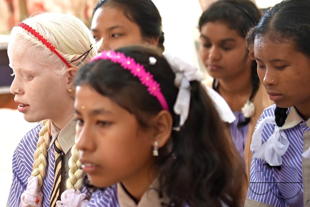 Students at the Institute for Visually Handicapped at the 'Children's Day' celebration at the institute's campus in Narsingarh, in Agartala