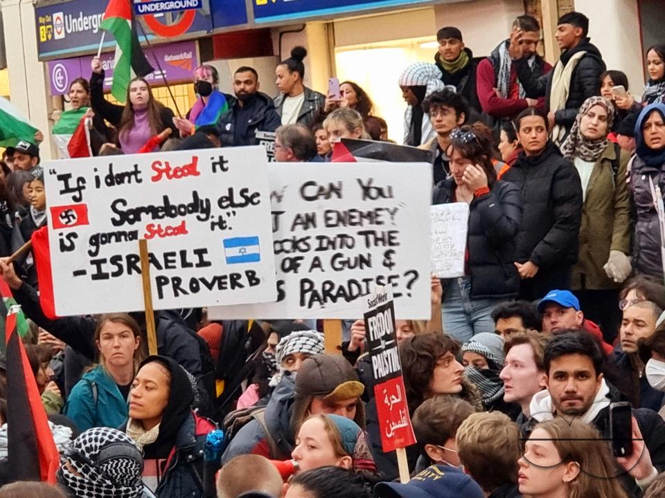 Thousands of protestors raise voices, carry placards and show their support for Palestinians, at Trafalgar Square, central London