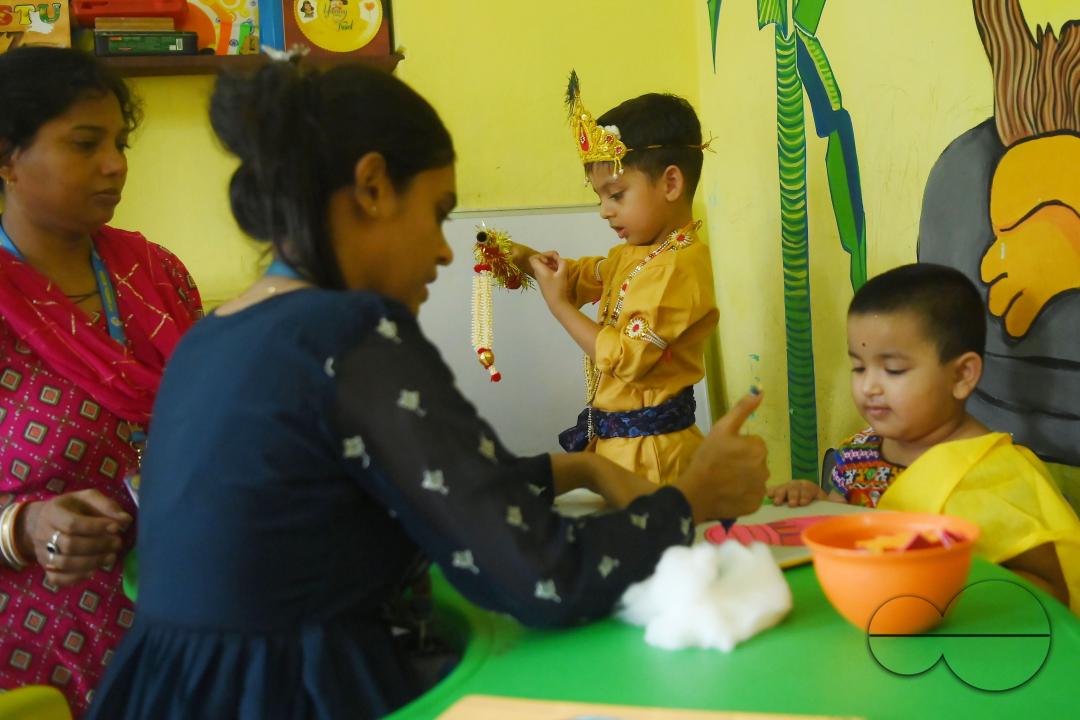 Students of the "My Chotaââ pre School dress up as Hindu deity "Krishna", on the eve of the Krishna Janmashtami Festival at Agartala