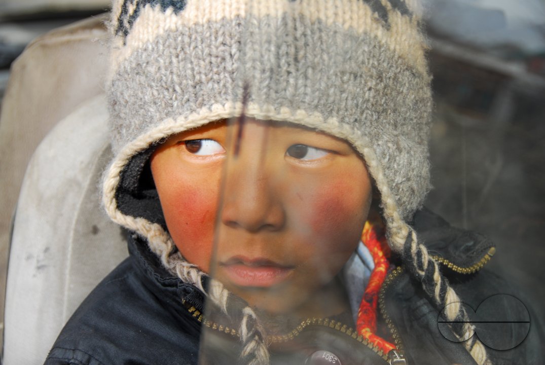 A boy looking out of the window of a stationary old Maruti Van parked in a backyard in Leh, Ladakh.