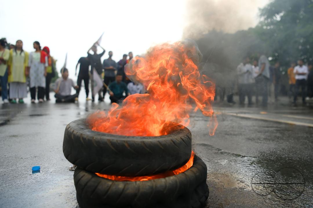 The members and supporters of the TSF (Twipra Students Federation) are protesting and demanding the introduction of Kokborok in Roman Script and passage of the 125th Constitutional Amendment Bill during their statewide 12-hour strike in Agartala