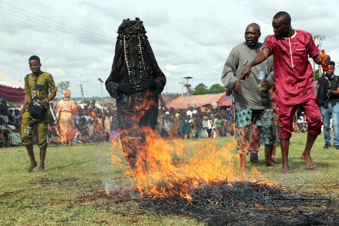 Danafojura the oldest masquerade in Oyo Kingdom, performs inside a burning fire at the World Sango Festival which is an annual festival held among the Yoruba people in honor of Sango, a thunder and fire deity who was a warrior and the third king of the O