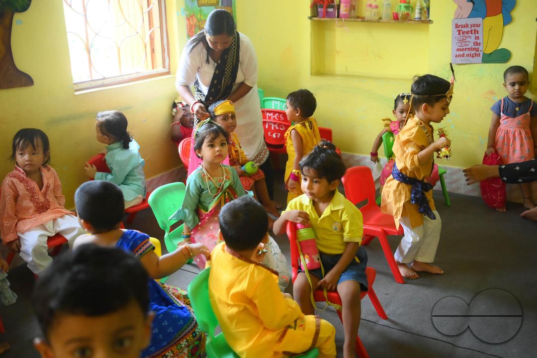 Students of the "My Chotaââ pre School dress up as Hindu deity "Krishna", on the eve of the Krishna Janmashtami Festival at Agartala