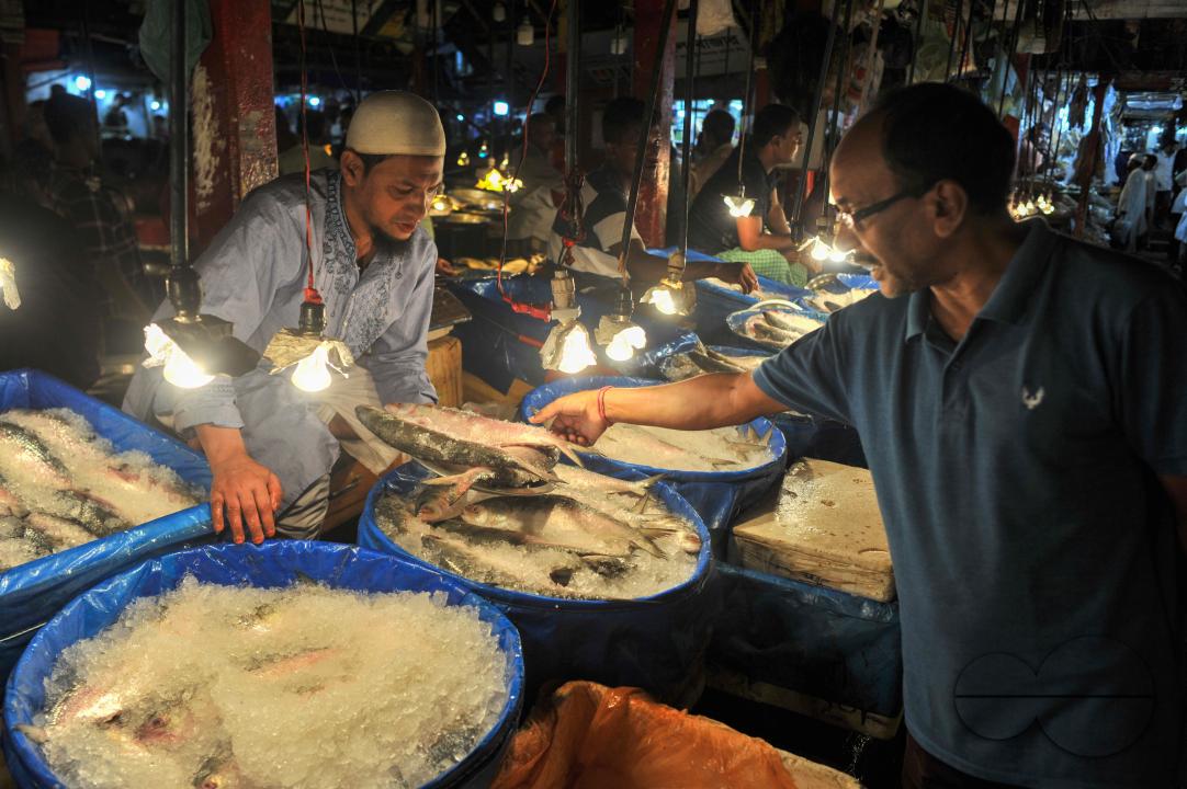 People buy Hilsa fish at the Lalbazar fish market in Sylhet city