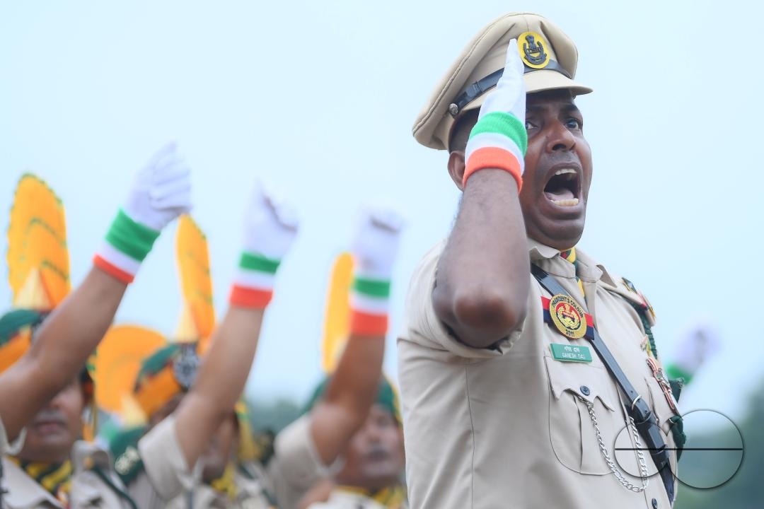 Soldiers of different platoons at the 77th Independence Day parade at the Assam Rifles ground in Agartala