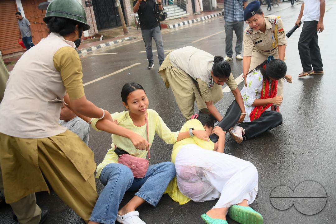 The members and supporters of the TSF (Twipra Students Federation) are protesting and demanding the introduction of Kokborok in Roman Script and passage of the 125th Constitutional Amendment Bill during their statewide 12-hour strike in Agartala