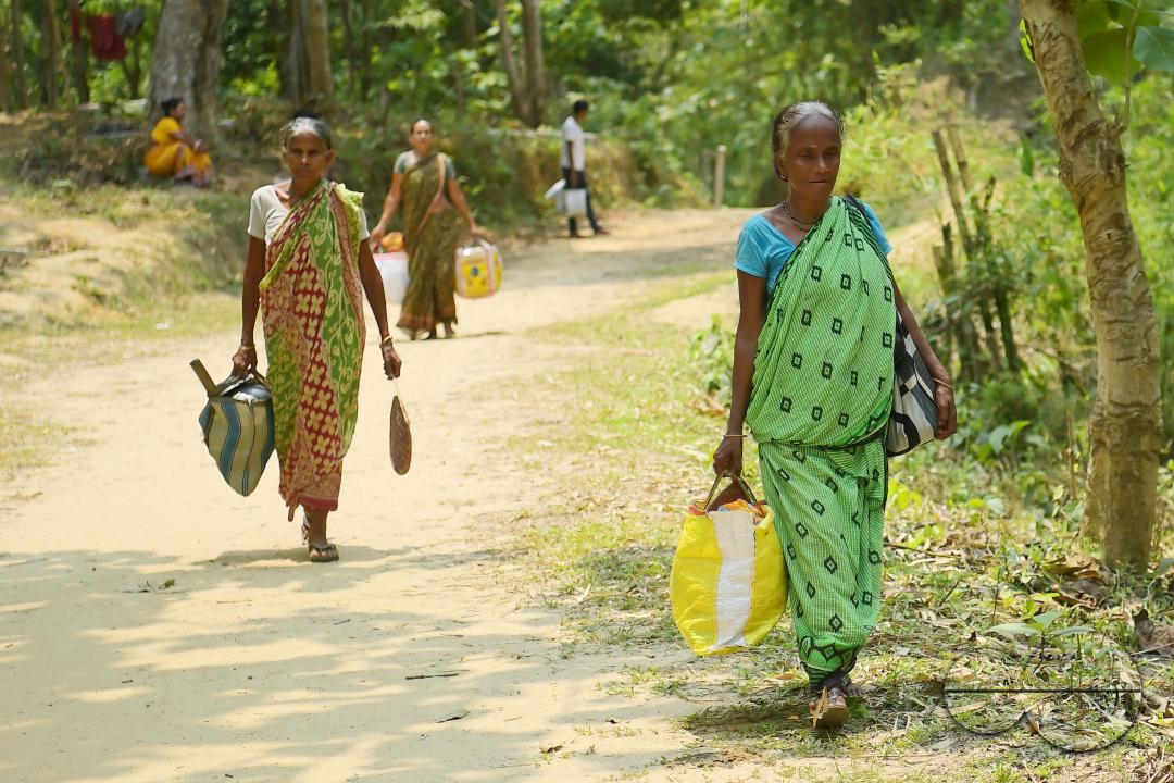 People transporting household items in makeshift tents at Panisagar's reserve forest area