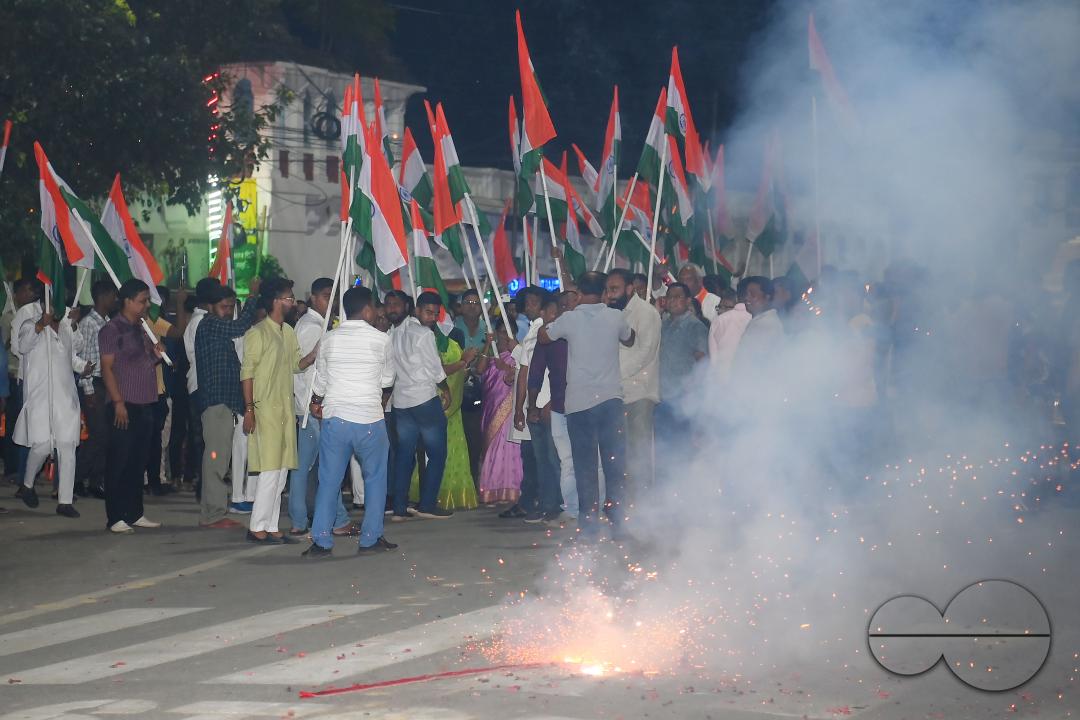 BJP party leaders, workers and the general public celebrate the successful lunar landing of the Chandrayaan-3 spacecraft on the south pole of the Moon, in Agartala