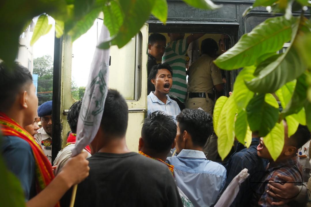 The members and supporters of the TSF (Twipra Students Federation) are protesting and demanding the introduction of Kokborok in Roman Script and passage of the 125th Constitutional Amendment Bill during their statewide 12-hour strike in Agartala