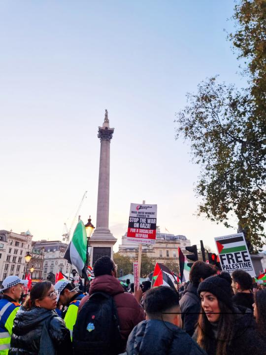 Thousands of protestors raise voices, carry placards and show their support for Palestinians, at Trafalgar Square, central London