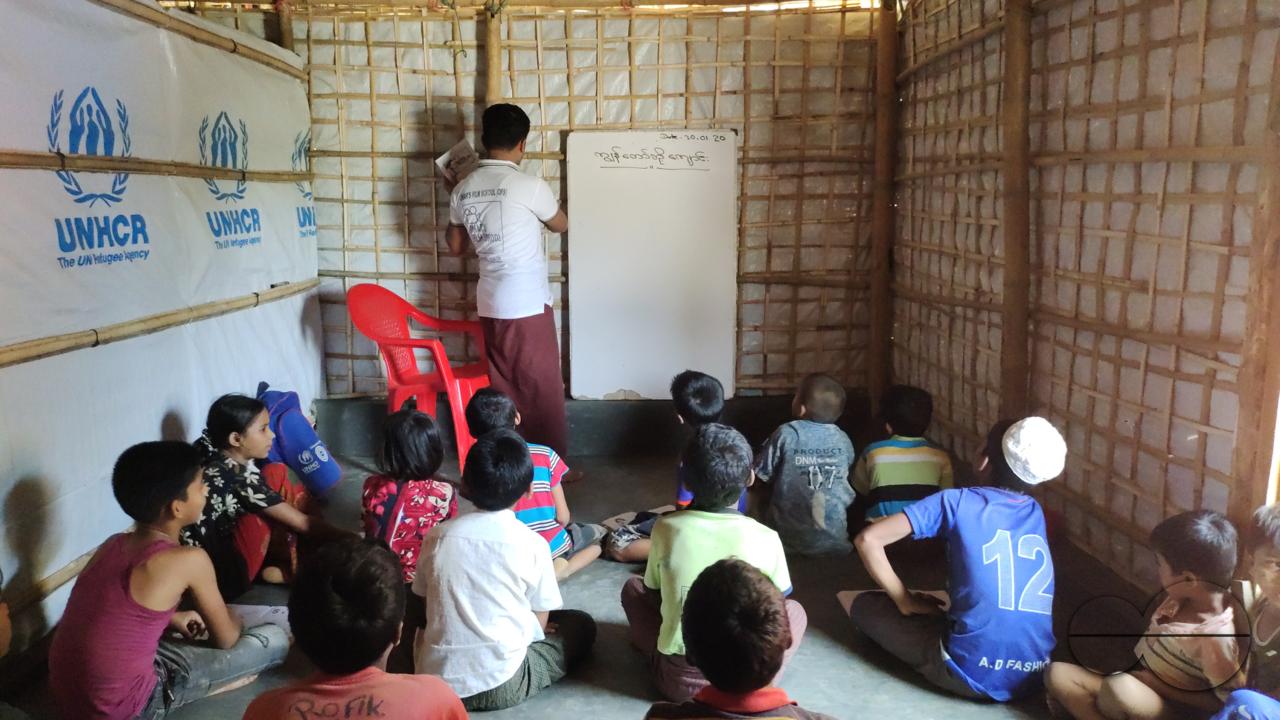 Children been educated at makeshift classroom at the Balukhali refugee camp