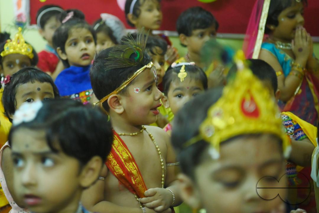 Students of the "My Chotaââ pre-School dress up as Hindu deity "Krishna", on the eve of the Krishna Janmashtami Festival at Agartala
