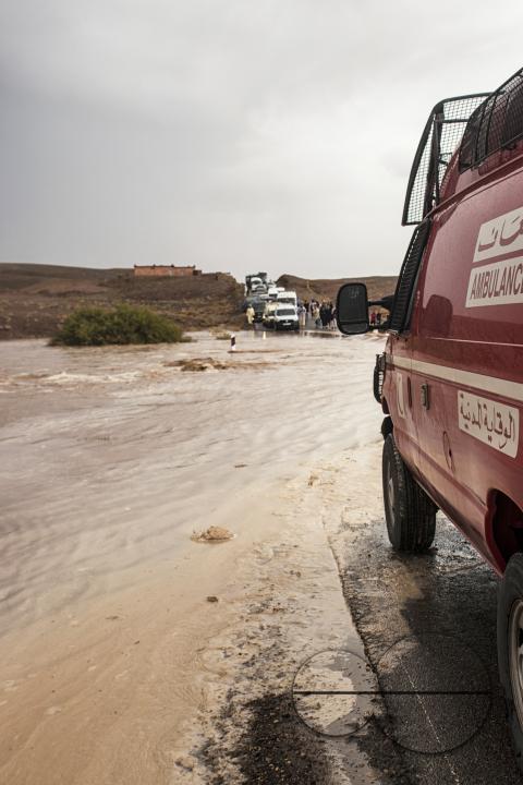 Flash flooding in Merzouga, a small Moroccan town in the Sahara Desert, near the Algerian border