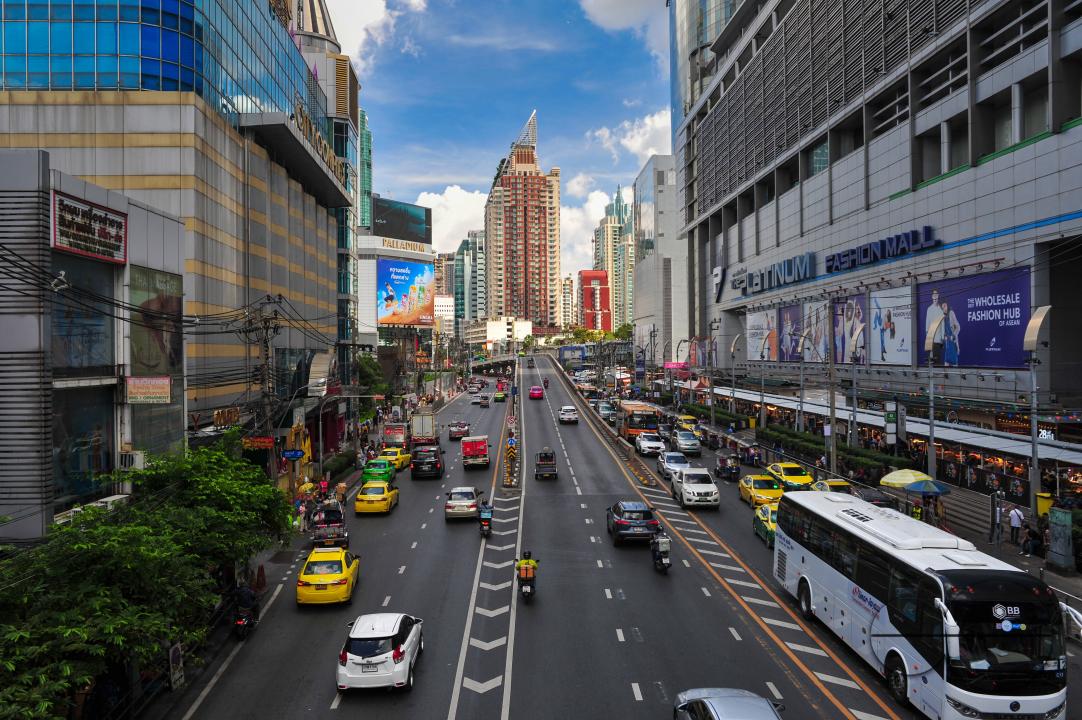 Busy streets and tall buildings of Bangkok