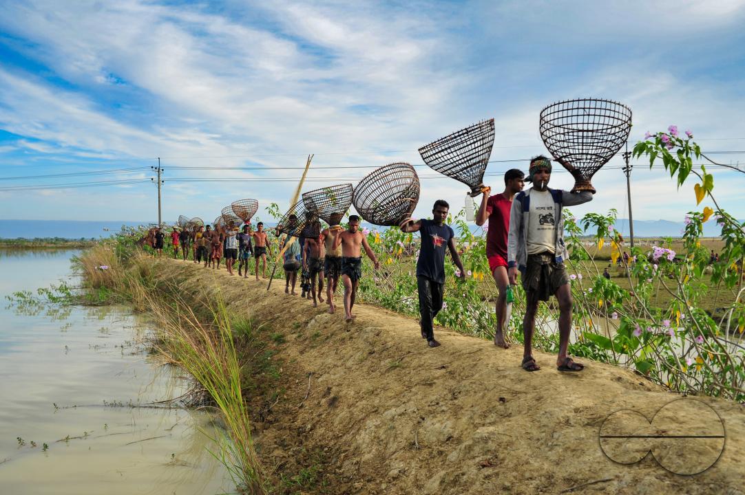 Rural people armed with Bamboo fish traps and nets take part in celebrating a 200-year winter fishing festival at the jofra beel of gasbari union of Kanaighat upazila of Sylhet, Bangladesh.