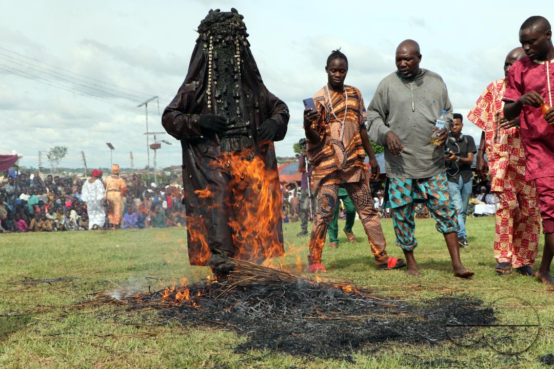 Danafojura the oldest masquerade in Oyo Kingdom, performs inside a burning fire at the World Sango Festival which is an annual festival held among the Yoruba people in honor of Sango, a thunder and fire deity who was a warrior and the third king of the O