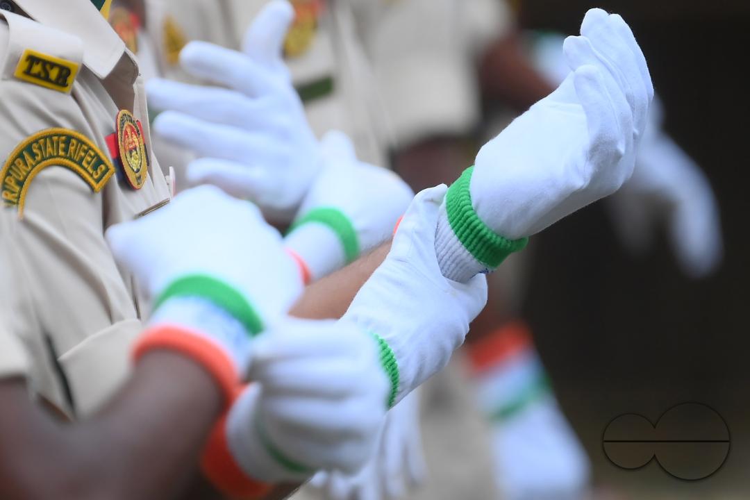 Soldiers of different platoons preparing for the 77th Independence Day parade at the Assam Rifles ground in Agartala