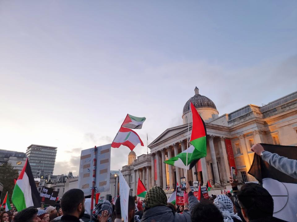 Thousands of protestors raise voices, carry placards and show their support for Palestinians, at Trafalgar Square, central London
