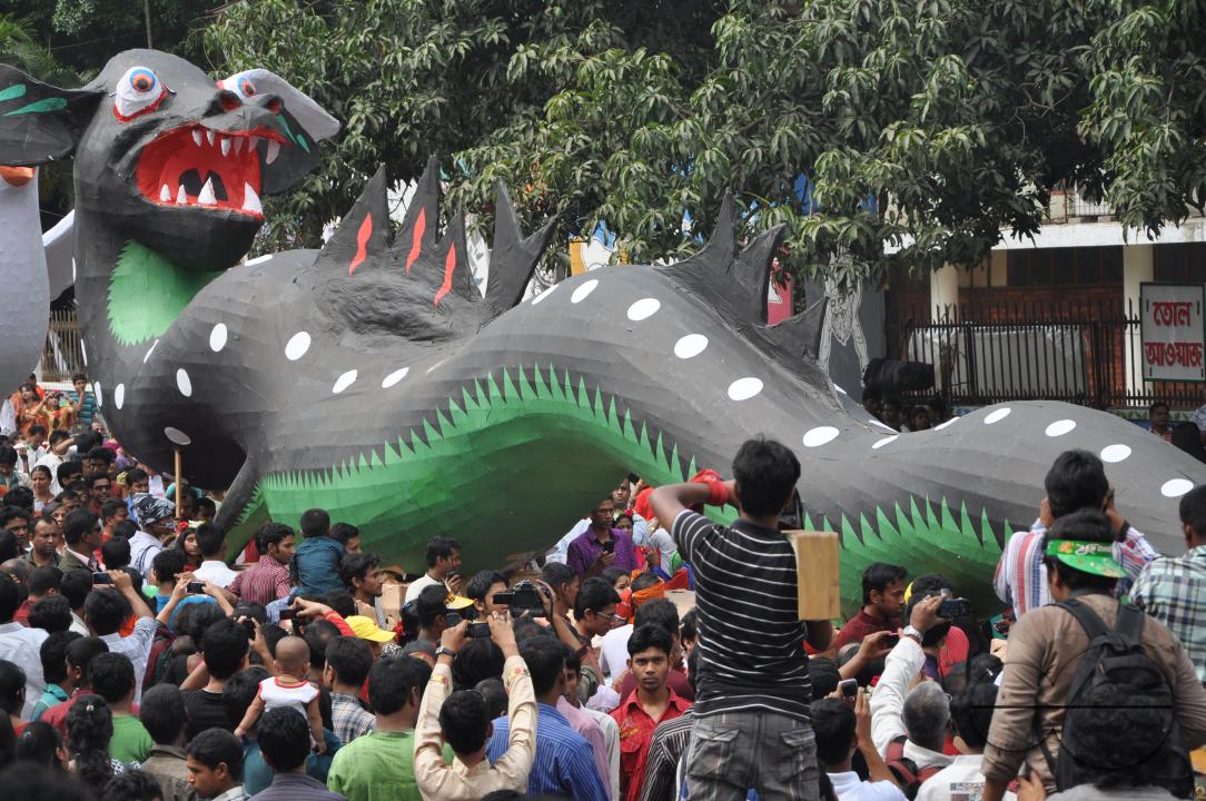People celebrating in a colorful parade on the streets as a part of New year celebrations