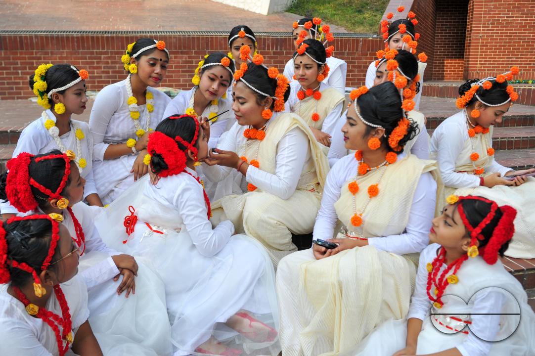 Dancers preparing for a performance for Language Month at Sylhet Central Shaheed Minar which was celebrated with an alphabet procession in Sylhet