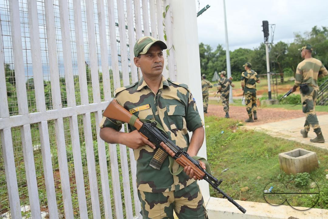 Security personals of the Border Security Force (BSF) providing tight security and patrolling the India- Bangladesh rail line in Nischinta Pur area, in precaution to the ongoing anti-quota protests in neighbouring country Bangladesh
