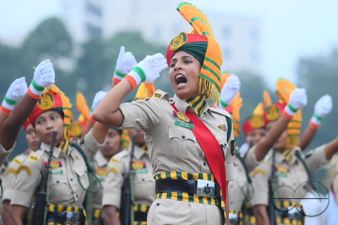 Soldiers of different platoons at the 77th Independence Day parade at the Assam Rifles ground in Agartala