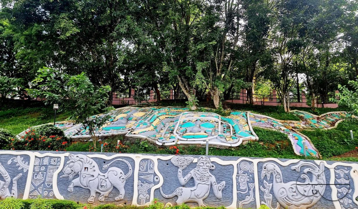 Terracotta decorations of the local first citizens adorn the hill side at the Albert Ekka War Memorial in Agartala