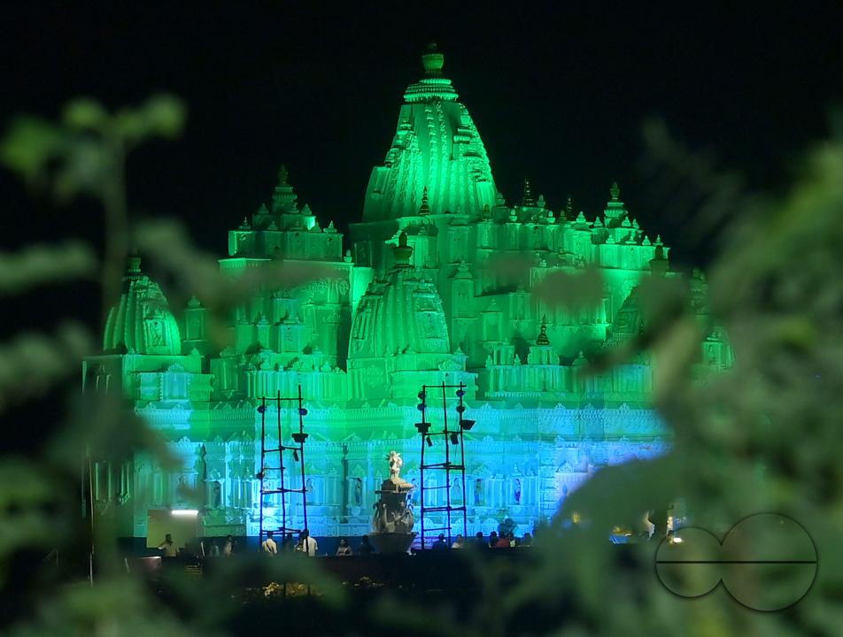 An illuminated "pandal", or temporary platform is seen where the idols of Durga are kept, and the worship of the Mother Goddess Durga is taking place during the Durga Puja festival in Agartala
