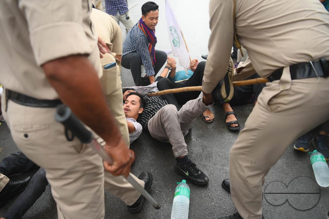 The members and supporters of the TSF (Twipra Students Federation) are protesting and demanding the introduction of Kokborok in Roman Script and passage of the 125th Constitutional Amendment Bill during their statewide 12-hour strike in Agartala