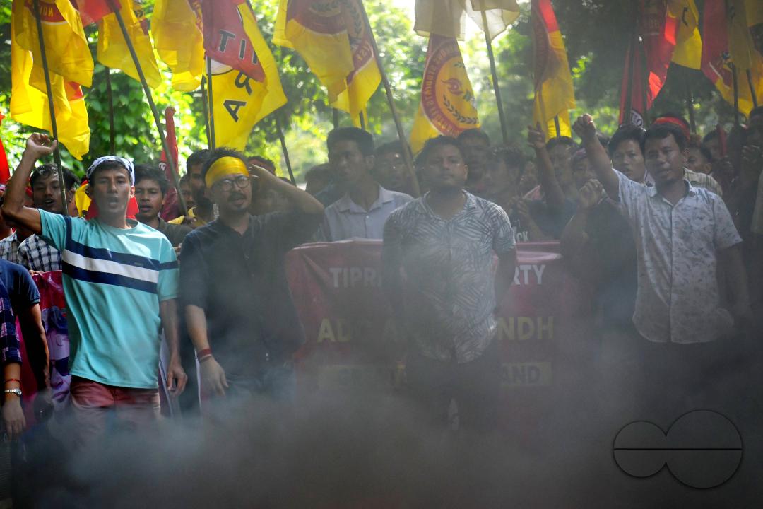 The âTipraha Indigenous Progressive Regional Alliance (TIPRA)ââ supporters raise slogans demanding a separate Greater Tipraland state for tribals, in Bermuda Ashram Para