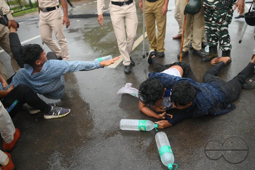 The members and supporters of the TSF (Twipra Students Federation) are protesting and demanding the introduction of Kokborok in Roman Script and passage of the 125th Constitutional Amendment Bill during their statewide 12-hour strike in Agartala