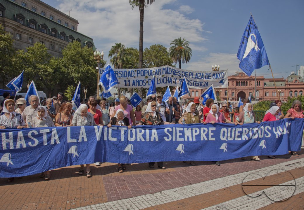 Mothers of Plaza de Mayo during weekly demonstration to establish the fate of their disappeared children and grandchildren during the Dirty War and dictatorship of 1976-1983. Buenos Aires, Argentina.