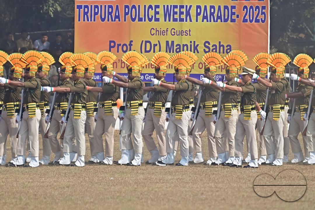 Police officials at a parade in celebration of 150 years of Tripura Police Week at the stadium of A.D