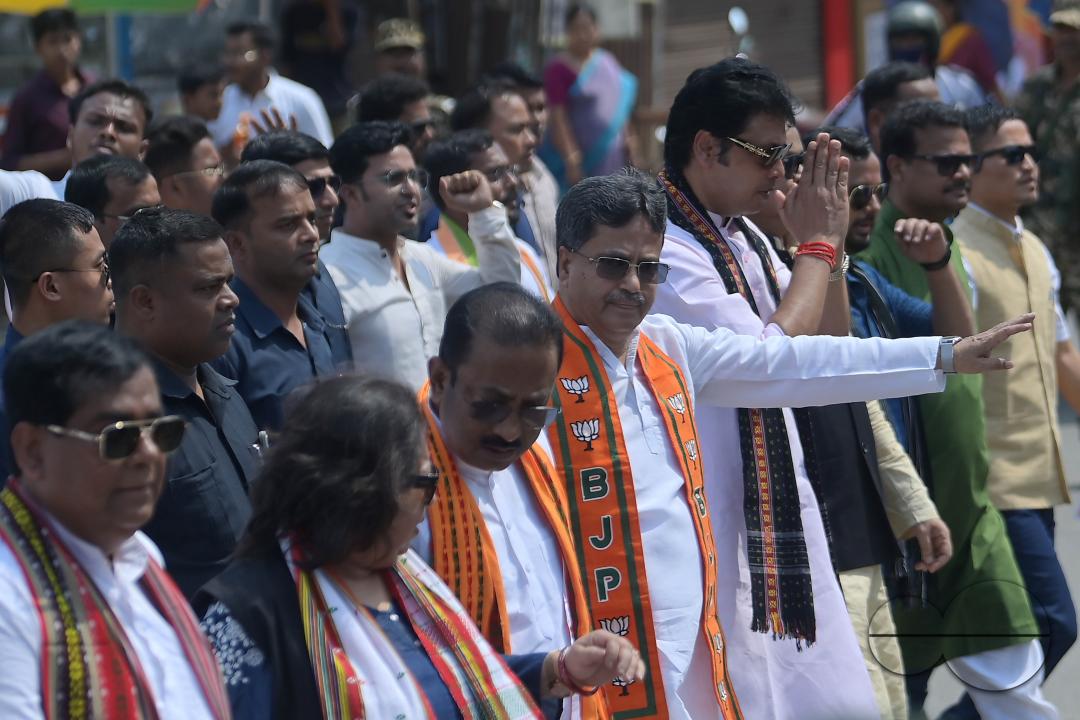 Tripura Chief Minister Manik Saha, former CM and BJP candidate Biplab Kumar Deb, and Kriti Singh along with other leaders during an election campaign rally in support of Lok Sabha candidates at Agartala