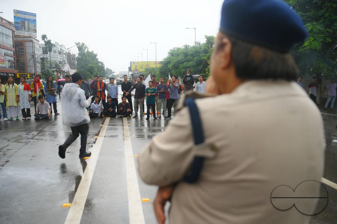 The members and supporters of the TSF (Twipra Students Federation) are protesting and demanding the introduction of Kokborok in Roman Script and passage of the 125th Constitutional Amendment Bill during their statewide 12-hour strike in Agartala