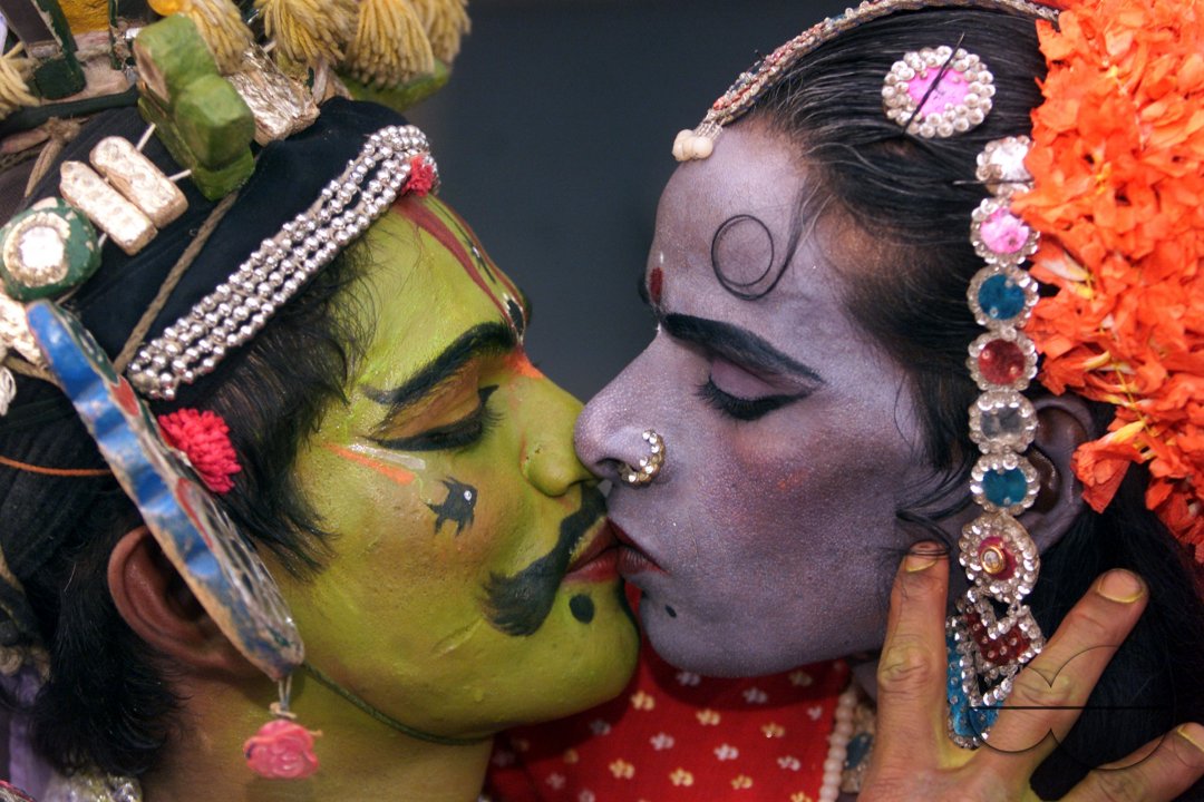 South Indian dancers perform during a stage show at a dance festival in Kolkata