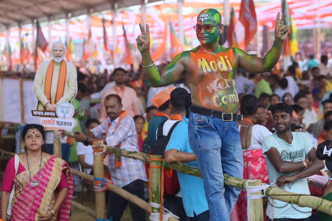 Supporters of the BJP at a rally of Prime Minister Narendra Modi ahead of the Lok Sabha Election in Agartala