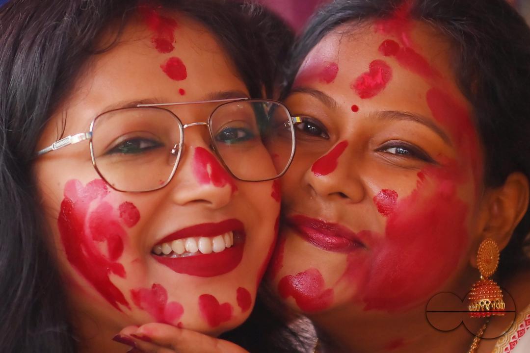 Married ladies smear red Sindoor or Vermillion, a ritual known as Sindur Khela or Vermillion Game on Vijayadashami, the last day of the Durga Puja festival