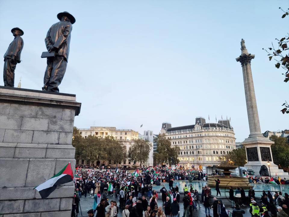 Thousands of protestors raise voices, carry placards and show their support for Palestinians, at Trafalgar Square, central London