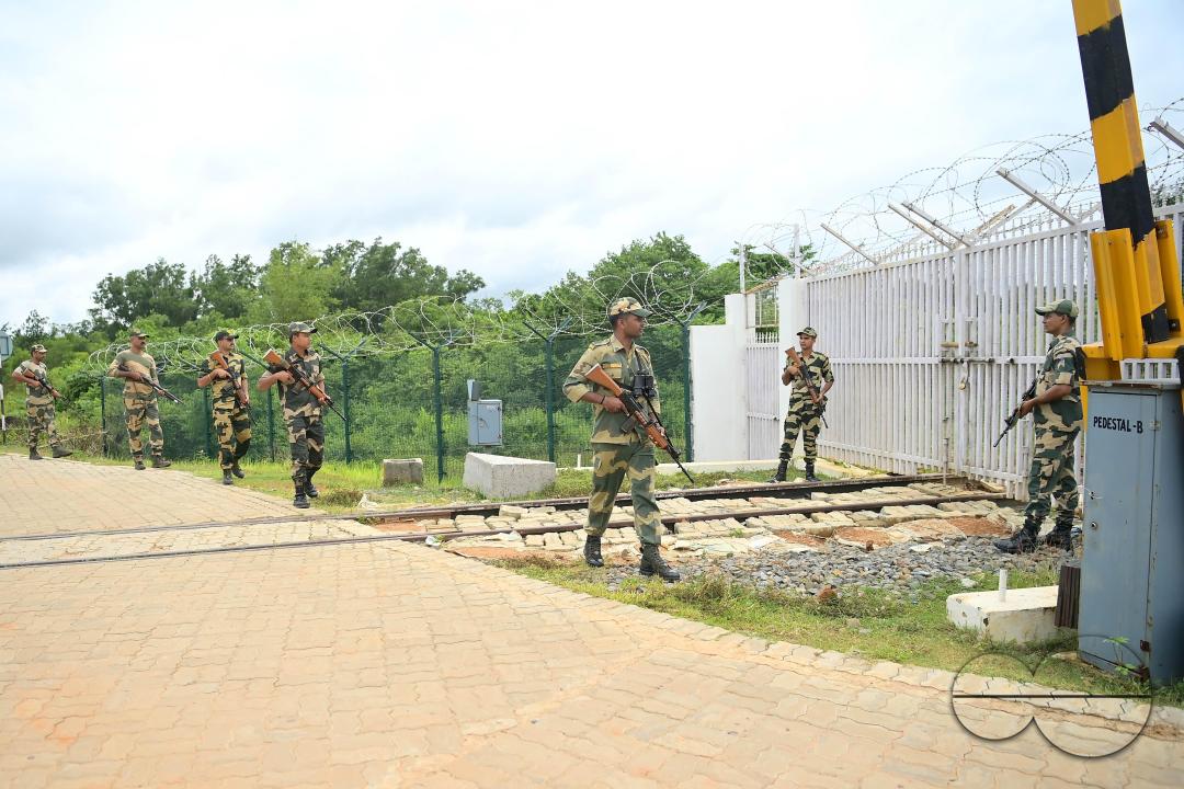 Security personals of the Border Security Force (BSF) providing tight security and patrolling the India- Bangladesh rail line in Nischinta Pur area, in precaution to the ongoing anti-quota protests in neighbouring country Bangladesh