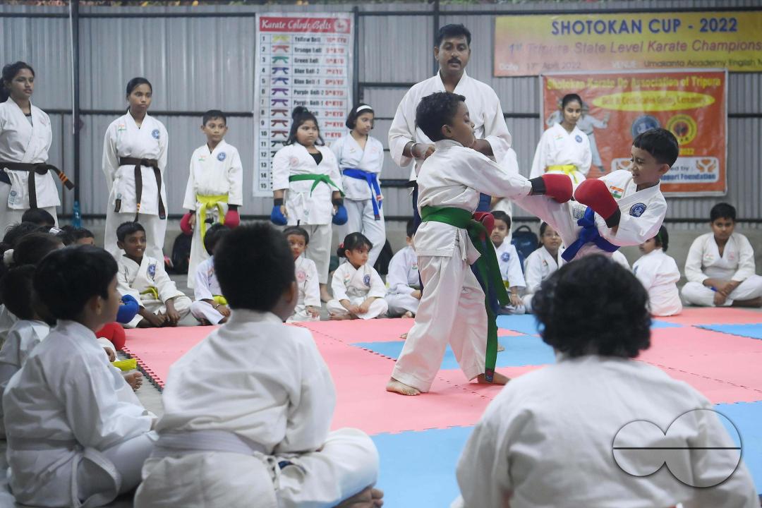 Children, who are students of the "Shotokan Karate-Do Association of Tripura", are seen performing karate during a special class on Children's day in Barjala, at Agartala