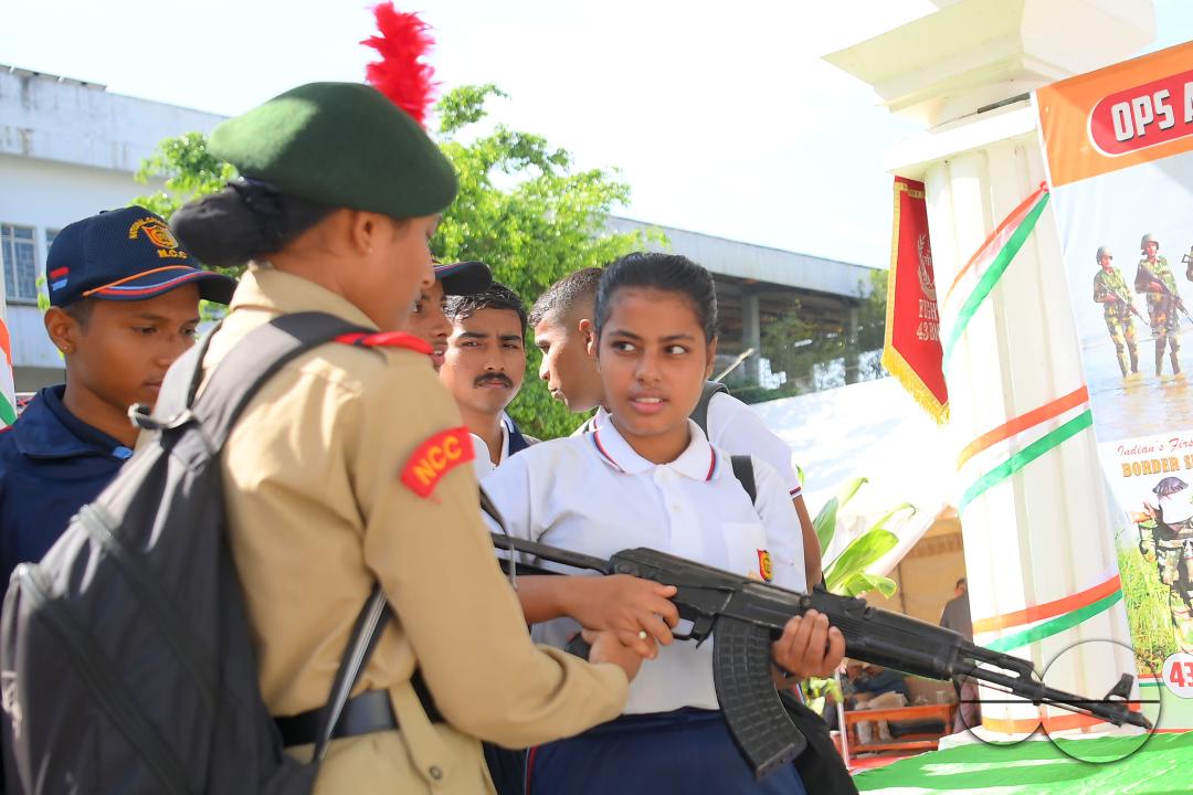 Students at Tripura University are attending a weapon display organized by the 43rd Battalion of the Border Security Force (BSF), Gokulnagar, Sepahijala, on the occasion of the 60th BSF Raising Day at Tripura University