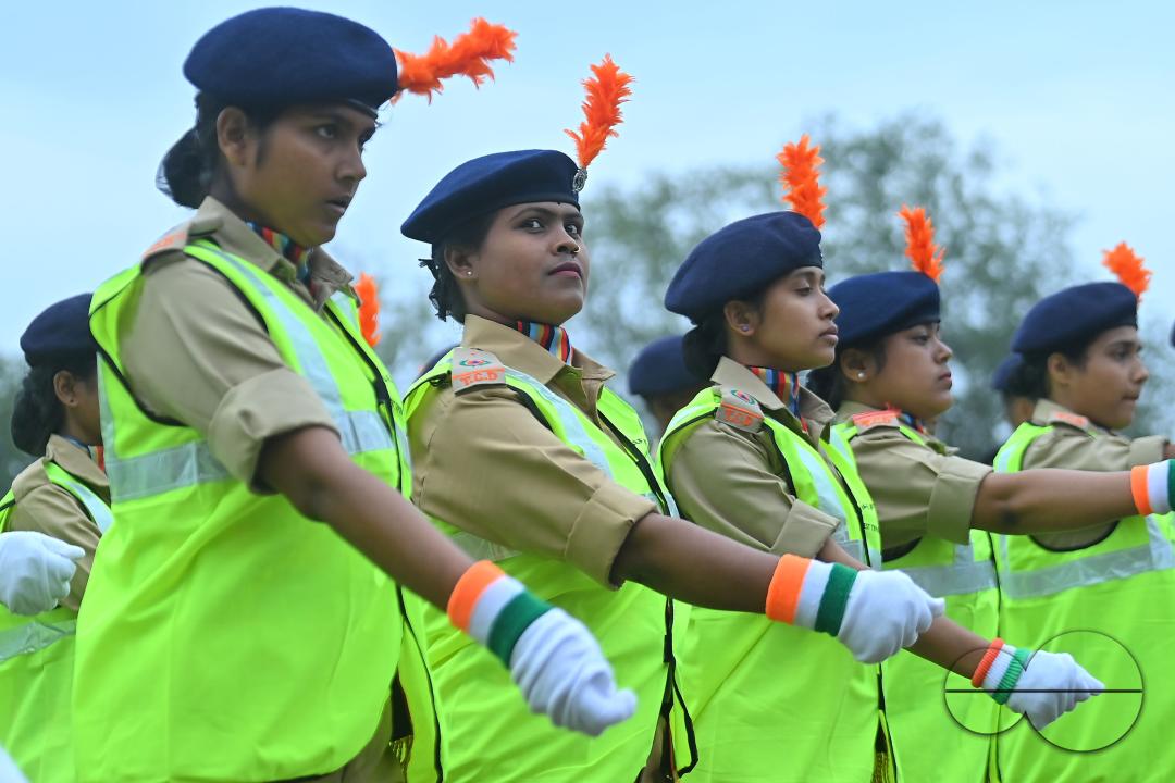 Troopers from the NDRF, Home Guards and Civil Defence take oath on the 61st All India Civil Defence and Home guards raising day at the police parade ground in Agartala