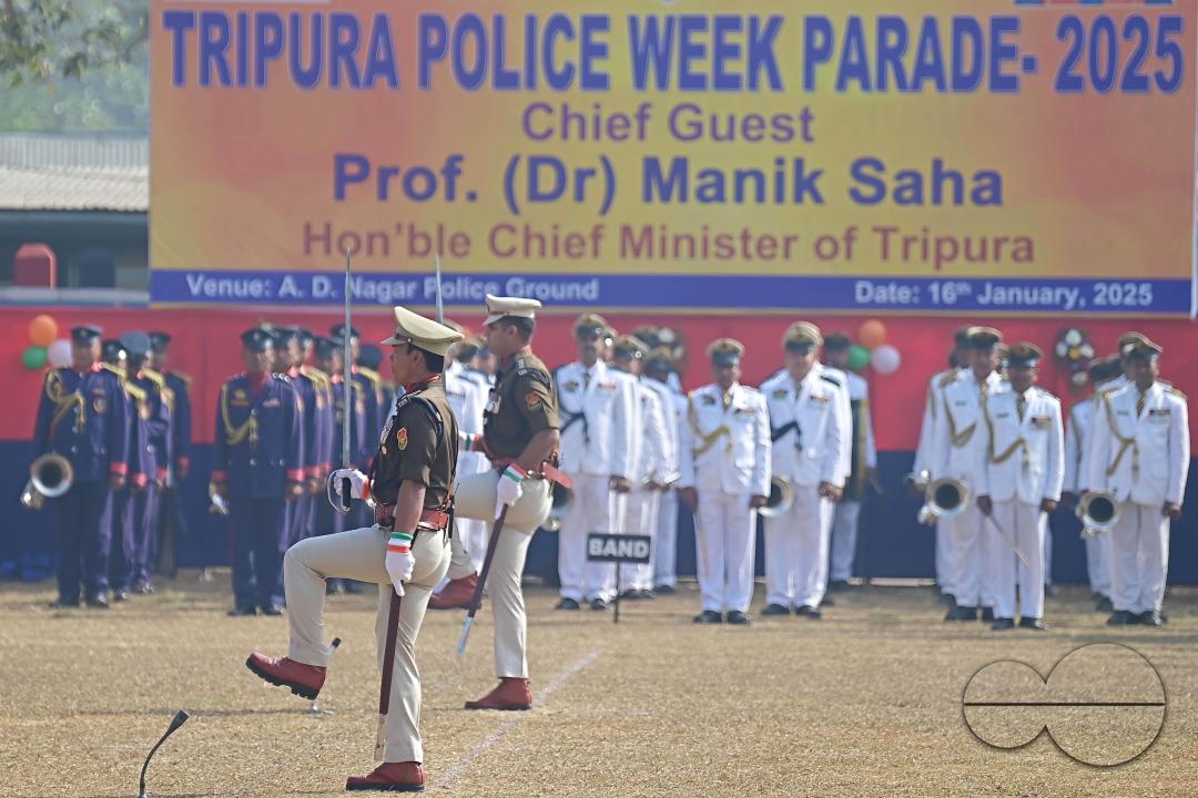 Police officials at a parade in celebration of 150 years of Tripura Police Week at the stadium of A.D