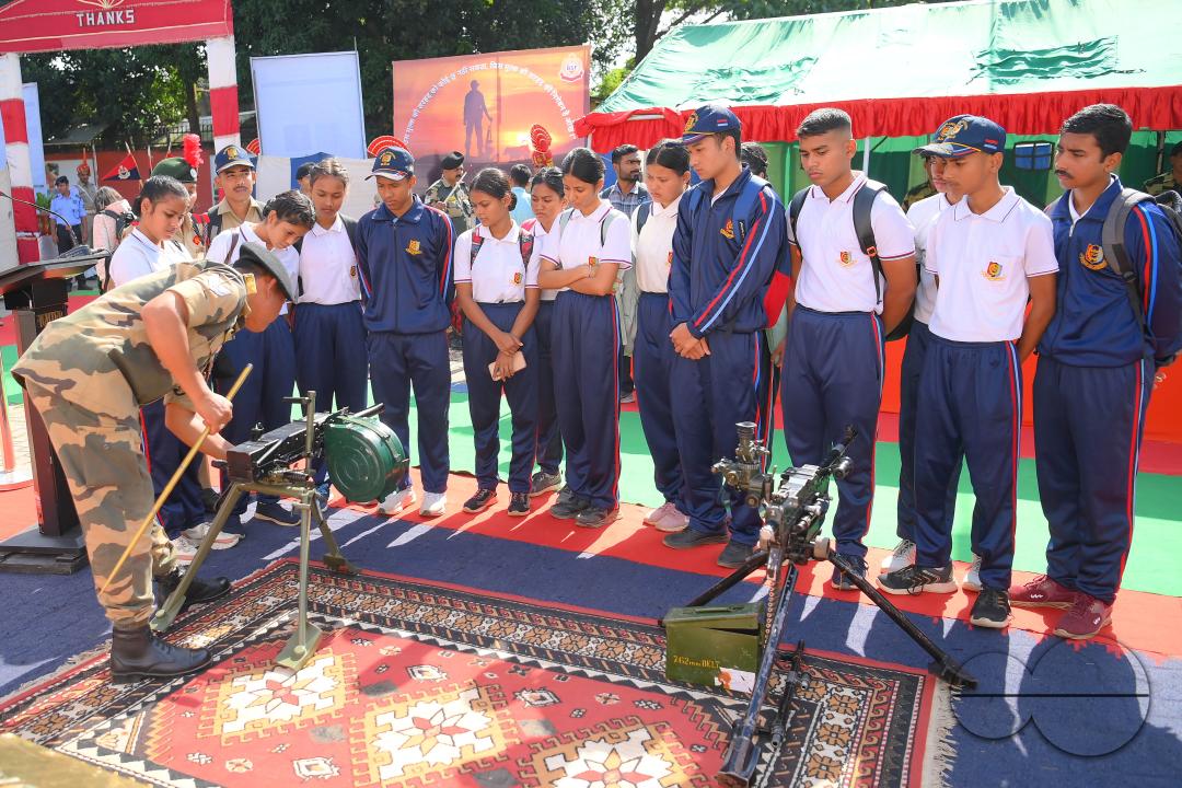 Students at Tripura University are attending a weapon display organized by the 43rd Battalion of the Border Security Force (BSF), Gokulnagar, Sepahijala, on the occasion of the 60th BSF Raising Day at Tripura University