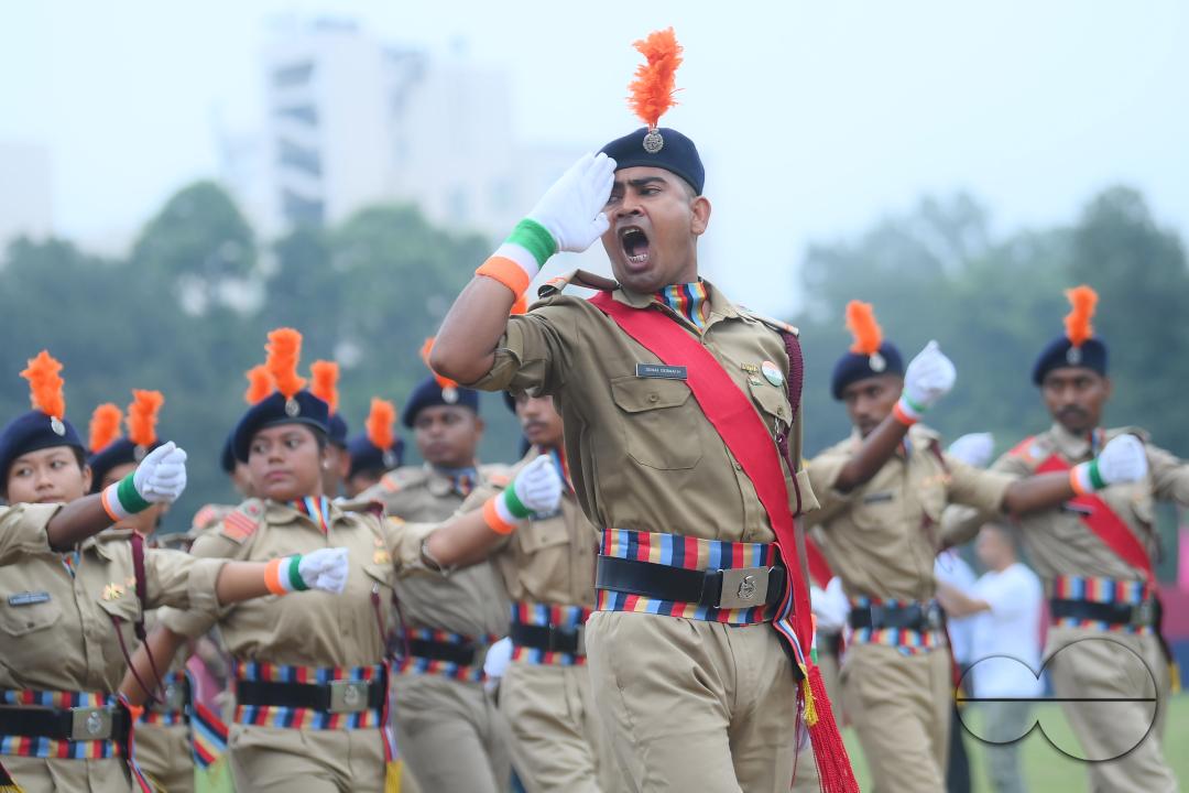 Soldiers of different platoons at the 77th Independence Day parade at the Assam Rifles ground in Agartala