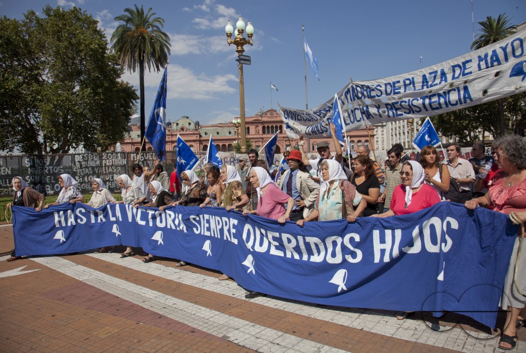 Mothers of Plaza de Mayo during weekly demonstration to establish the fate of their disappeared children and grandchildren during the Dirty War and dictatorship of 1976-1983. Buenos Aires, Argentina.
