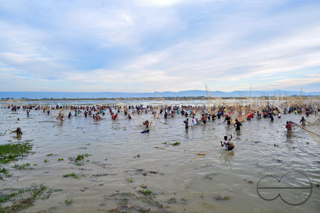 Rural people armed with Bamboo fish traps and nets take part in celebrating a 200-year winter fishing festival at the jofra beel of gasbari union of Kanaighat upazila of Sylhet, Bangladesh.