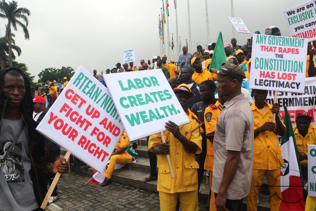 Members of  the Trade Union Congress (TUC) and the Road Transport Employers Association of Nigeria, RTEAN gather to protest against the ban on RTEAN operations by the Lagos state government in Ikeja, Lagos, Nigeria.