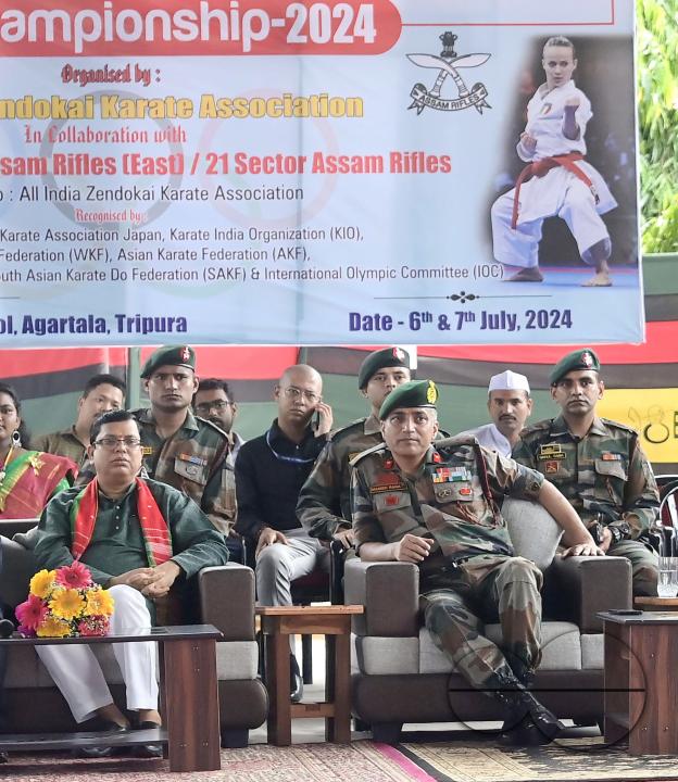 Assam Rifles DIG - Brigadier Manish Rana, and other officials of Assam Rifles are seen during the inauguration of the 7th National Zendokai Karate Championship at Assam Rifles Public School ground
